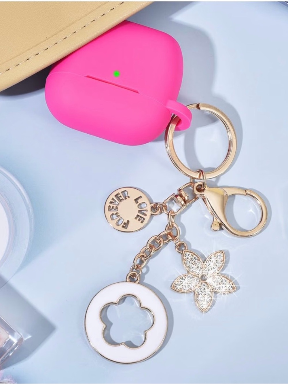 Pink Floral Charm Keychain Accessory
